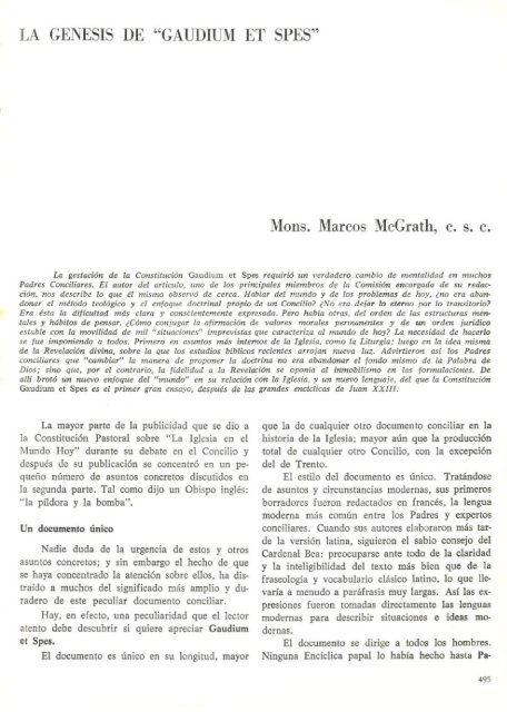 LA GÉNESIS DE "GAUDIUM ET SPES' Mons. Marcos McGrath, c. s. c.